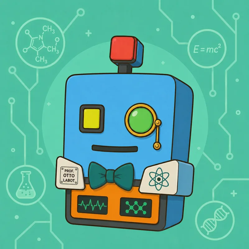 Professor Otto Labot, a blue robot in a lab coat and bow tie